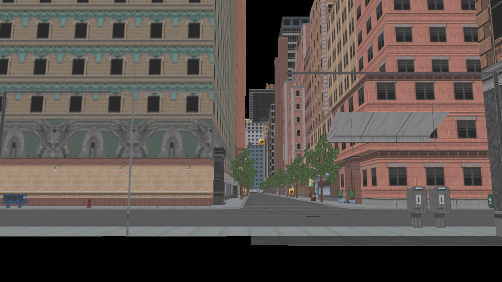 Reconstructed USM street with brick facades, trees, sidewalks and street furniture
